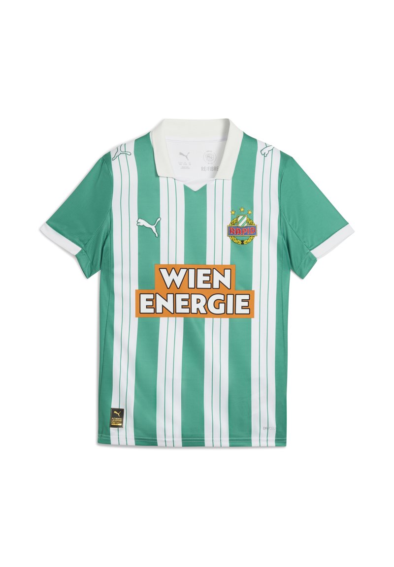 Grön- och vitrandig fotbollströja med polokrage. Har en stor orange "WIEN ENERGIE"-logotyp och en klubbemblem med stjärnor.