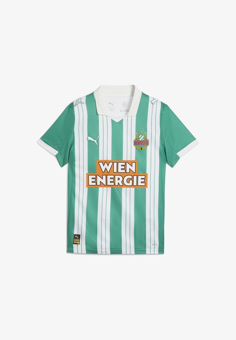 Grön- och vitrandig fotbollströja med polokrage. Har en stor orange "WIEN ENERGIE"-logotyp och en klubbemblem med stjärnor.