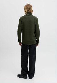 Grüner gerippter Strickturtleneck mit langen Ärmeln, getragen mit schwarzen weit geschnittenen Hosen und dunklen Schuhen. Rückansicht, minimale Details.