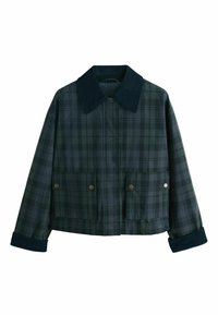 Īsi griezta pleda raksta jaka tumši zaļās toņos, ar kordūras apkakli, divām priekšējām kabatām ar misiņa pogām un ribotām aprocēm.