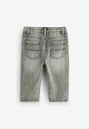Graue Denim-Shorts mit einem verblassten Finish, ausgestattet mit zwei Gesäßtaschen und einem elastischen Bund für zusätzlichen Komfort.