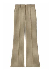 Rutiga byxor i beige, gult och marinblått. Rakt, vida ben med platt front och två bakfickor. Texturerat tyg.