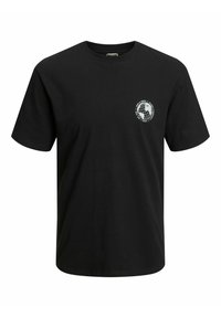 Svart bomulls t-shirt med kort ärm, rund halsringning och en cirkulär vit grafik med en jordglob på vänster bröst.