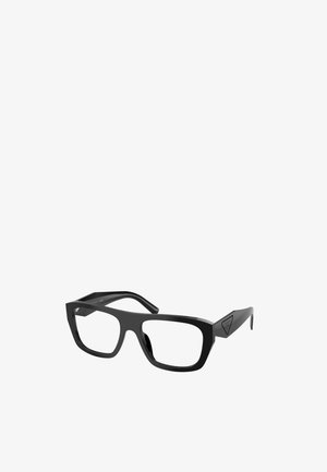 Czarne prostokątne okulary z grubymi plastikowymi oprawkami i widocznym logo marki na zauszniku, pokazane na białym tle.
