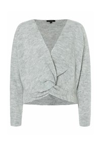 Cardigan en maille gris clair à manches longues avec décolleté en V profond et détail de nœud torsadé à l'ourlet avant.