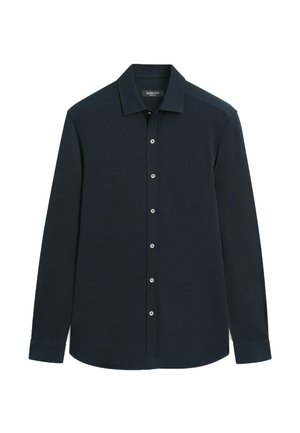 Donker marineblauw overhemd met lange mouwen, kraag en knopen aan de voorkant, slim fit, weergegeven op een witte achtergrond.