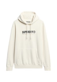 Felpa crema realizzata in morbido tessuto, con tasca a marsupio, cappuccio con cordoncino e un logo nero stampato sul davanti.