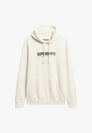 Felpa crema realizzata in morbido tessuto, con tasca a marsupio, cappuccio con cordoncino e un logo nero stampato sul davanti.