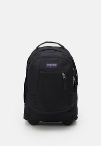 Schwarz Jansport Rucksack mit mehreren Fächern, Reißverschlussverschlüssen, gepolsterten Trägern und einem oberen Griff. Verfügt über eine glatte Stofftextur und einen runden Boden.