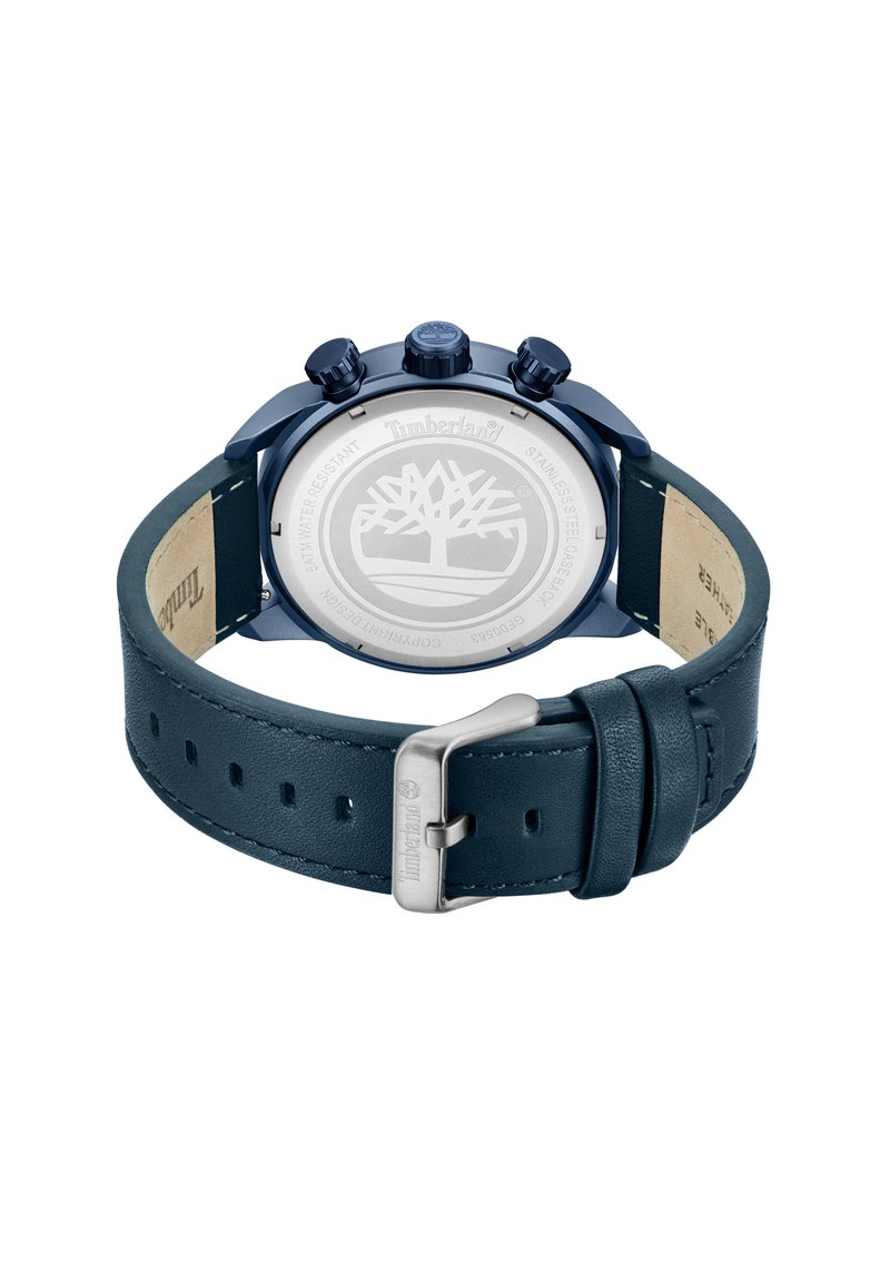 Marineblaue Chronograph-Uhr mit einem Gehäuse aus Edelstahl, rundem Zifferblatt und einem strukturierten dunkelblauen Lederarmband mit einer silbernen Schnalle.