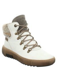 Lace-up wysokie botki z białej skóry z szarym zamszowym kołnierzem i sztucznym futrem, z gumową podeszwą i metalowymi oczkami na sznurówki.