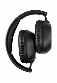 Over-ear hoofdtelefoon met zwarte gevoerde oorkappen, een opvouwbare hoofdband en een matte afwerking. Opvallend reliëflogo op één oorkap.