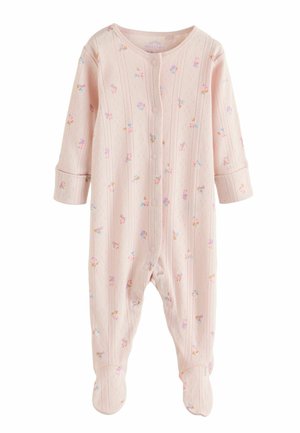 Roosa pikkade varrukatega imikute kombekas lillemustriga, esikinnis nööpidega, soonilise tekstuuriga ja jalaga disainiga.