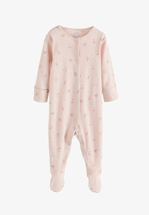 Body rosa a maniche lunghe con motivo floreale, chiusura frontale con bottoni, tessitura a coste e design con copripiedi per neonati.