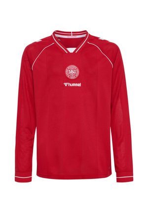 Czerwona koszulka sportowa z długim rękawem i białym obszyciem, z logo Duńskiego Związku Piłki Nożnej i nazwą marki hummel na przodzie.