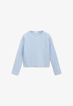 Lyseblå, langærmet, ribstrikket sweater med rund halsudskæring og en let cropped pasform, vist på en hvid baggrund.