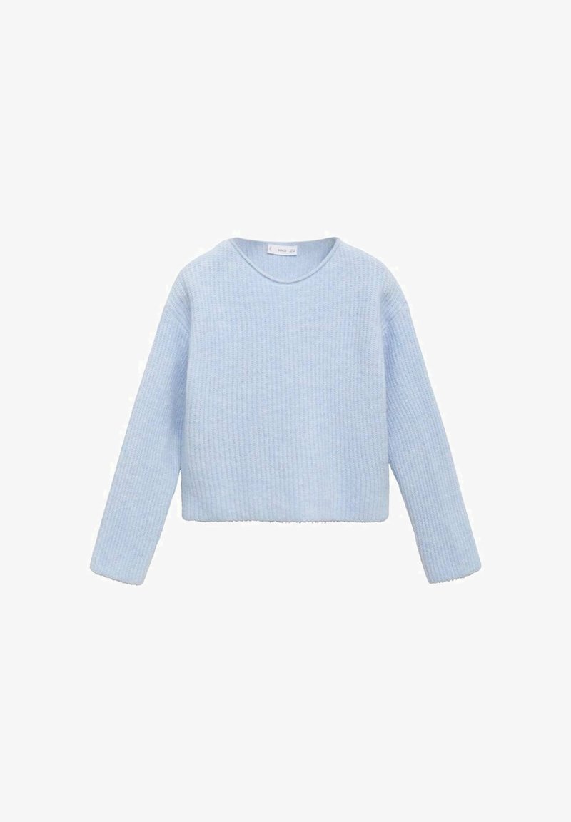 Pull léger bleu clair à manches longues en maille côtelée, avec un col rond et une coupe légèrement courte, présenté sur un fond blanc.