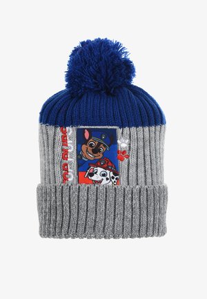 Knit beanie in blue and gray with a ribbed brim. Features a pom-pom on top and a patch depicting cartoon dogs, with paw prints beside it.