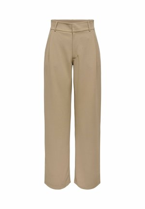 Pantalon beige à taille haute et jambes larges, avec passants pour ceinture, plis à l'avant et fermeture avant dissimulée.