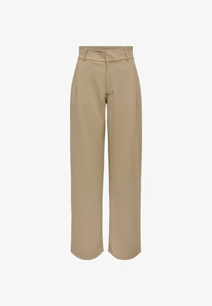 Pantalon beige à taille haute et jambes larges, avec passants pour ceinture, plis à l'avant et fermeture avant dissimulée.