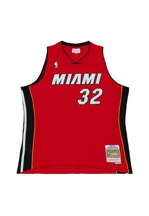Rotes Miami Heat Basketballtrikot mit der Nummer 32, schwarz-weißen Seitenstreifen, NBA-Logo und Hardwood Classics-Aufnäher.