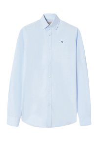 Camiciabutton-up azzurro chiaro a maniche lunghe in cotone, con colletto classico e un piccolo logo blu navy sul lato sinistro del petto. Vestibilità standard.