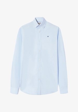 Camiciabutton-up azzurro chiaro a maniche lunghe in cotone, con colletto classico e un piccolo logo blu navy sul lato sinistro del petto. Vestibilità standard.