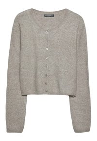 Cardigan corto grigio chiaro realizzato in tessuto a maglia testurizzato, con scollatura rotonda e sette bottoni metallici sulla parte anteriore.