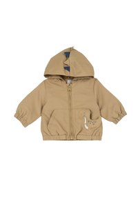 Veste à capuche beige avec design de dinosaure, tissu doux, fermeture éclair, poignets élastiques et poche, avec des piquants bleus sur la capuche.