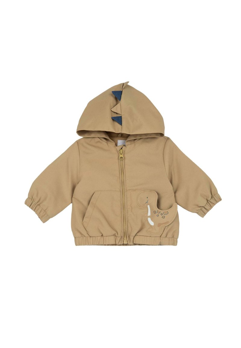 Veste à capuche beige avec design de dinosaure, tissu doux, fermeture éclair, poignets élastiques et poche, avec des piquants bleus sur la capuche.