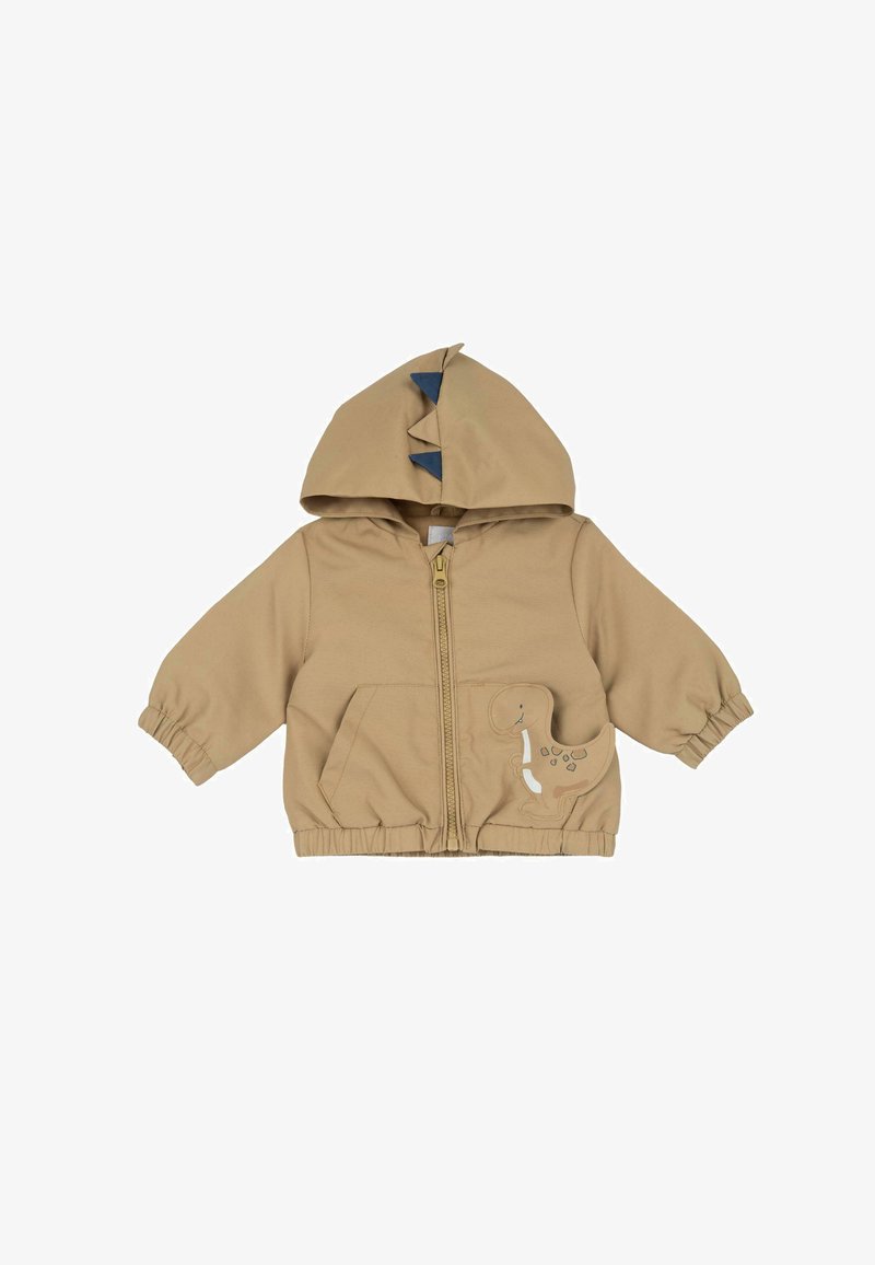 Veste à capuche beige avec design de dinosaure, tissu doux, fermeture éclair, poignets élastiques et poche, avec des piquants bleus sur la capuche.