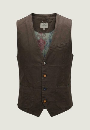 Hnědá vesta bez rukávů s různobarevnými knoflíky, dvěma předními kapsami a viditelnou květinovou podšívkou.