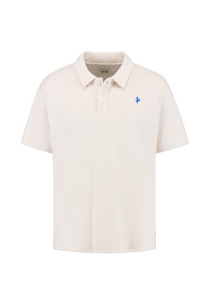 Tricou polo din fleece crem, cu guler și plachetă cu trei nasturi. Are un mic logo brodat în albastru situat pe partea stângă a pieptului.