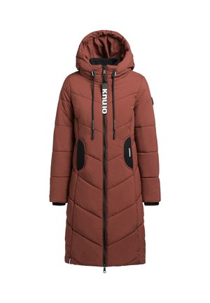 Brown puffer coat with a hood, featuring chevron stitching, black side pockets, zip closure, and adjustable drawstrings on the hood.