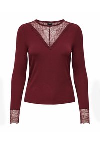 Bordeaux langemouwen top met ribbelstructuur en kantaccenten bij de halslijn en manchetten, met een V-vormig kantontwerp.