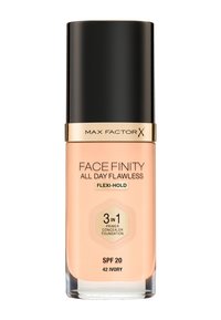 Max Factor Face Finity All Day Flawless foundation i en klar glasflaske med en sort låg. Cremerfarvet i elfenben, mærket med SPF 20.