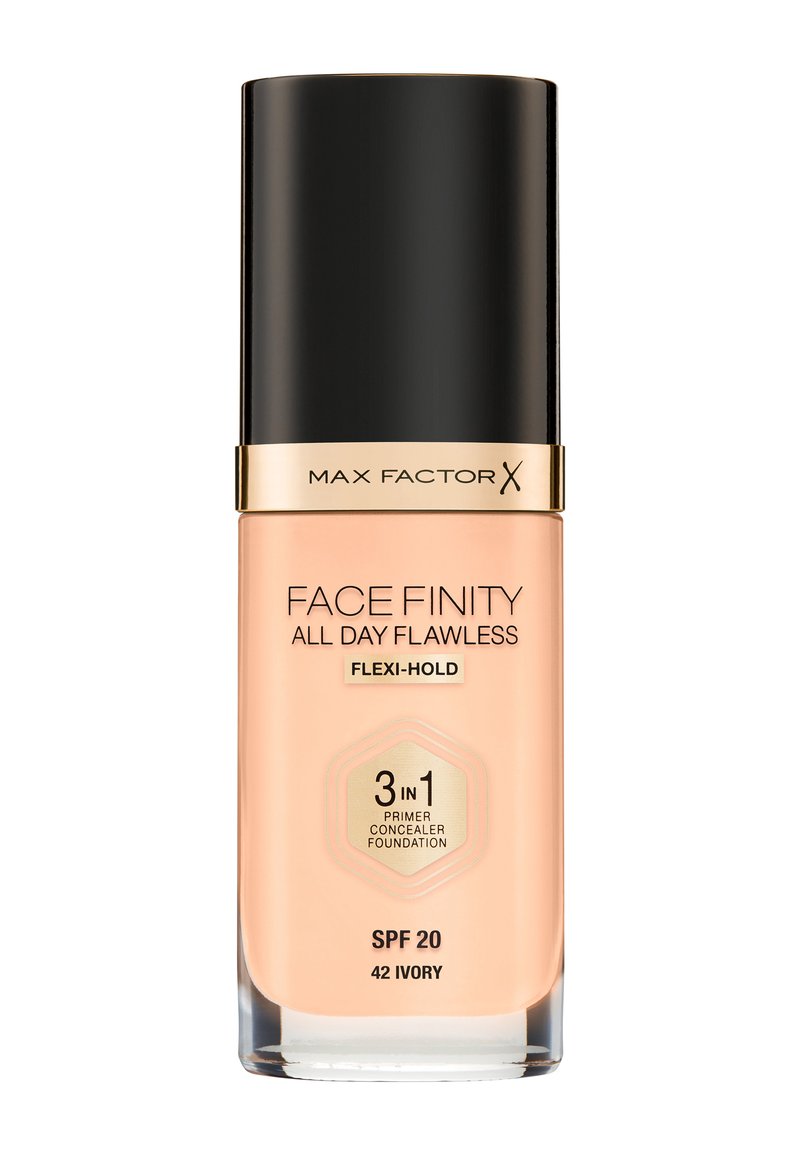 Max Factor Face Finity All Day Flawless foundation i en klar glasflaske med en sort låg. Cremerfarvet i elfenben, mærket med SPF 20.