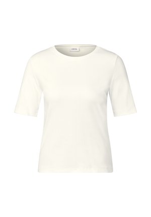 Witte t-shirt met korte mouwen, gemaakt van zacht katoen, met een ronde halslijn en een eenvoudige, gladde textuur. Merkenlabel zichtbaar.