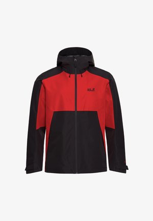 Waterproof jacket featuring a red upper and black lower sections, with a high collar, zip closure, and adjustable hood. Manufacturer logo displayed.