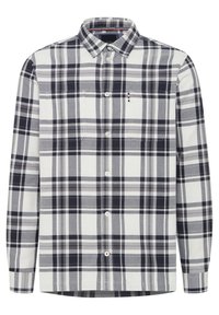 Langsleeve geruit overhemd in wit, marineblauw en grijstinten. Bevat een button-down kraag, een frontzak en knopen langs de sluiting.