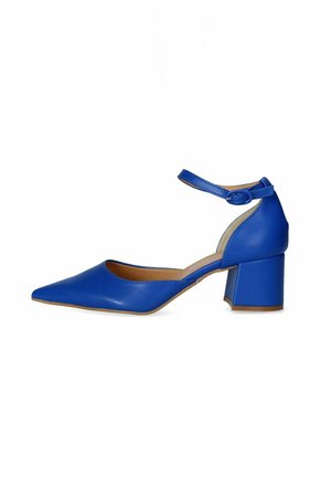 Décolleté blu in pelle con punta affusolata, cinturino alla caviglia e tacco a blocco quadrato. Texture liscia senza decorazioni visibili.