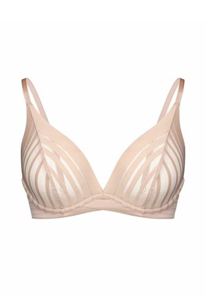Beiger BH mit durchsichtigen, gestreiften Mesh-Cups, Bügelunterstützung und verstellbaren dünnen Schulterriemen.