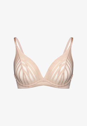 Beiger BH mit durchsichtigen, gestreiften Mesh-Cups, Bügelunterstützung und verstellbaren dünnen Schulterriemen.