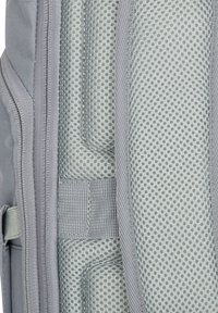 Gray mesh material with a textured fabric surface and padded sections. Features stitching and attachment points for functionality.