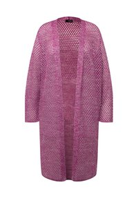 Cardigan largo de punto en un ligero color púrpura, con un patrón de rejilla y mangas largas. Textura suave con un corte relajado.