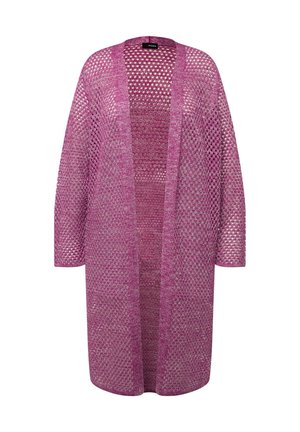Cardigan long à ouvert devant en tricot violet clair, avec un motif en lattage et des manches longues. Texture douce avec une coupe décontractée.