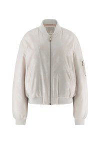 Giacca bomber grigia chiara con polsini e colletto a costine, chiusura con zip, tasche laterali e un sottile motivo a logo in rilievo su tutta la superficie.