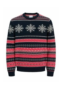 Maglione lavorato a maglia con sfondo blu navy e design a fiocchi di neve e motivi in rosso e nero. Collo a giro e polsini a costine.