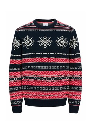 Maglione lavorato a maglia con sfondo blu navy e design a fiocchi di neve e motivi in rosso e nero. Collo a giro e polsini a costine.