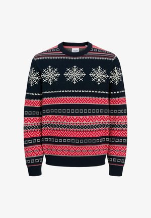 Sweter dziany z granatowym tłem, z białymi wzorami w formie płatków śniegu oraz wzorami w kolorze czerwonym i czarnym. Okrągły dekolt i ściągacze przy rękawach.